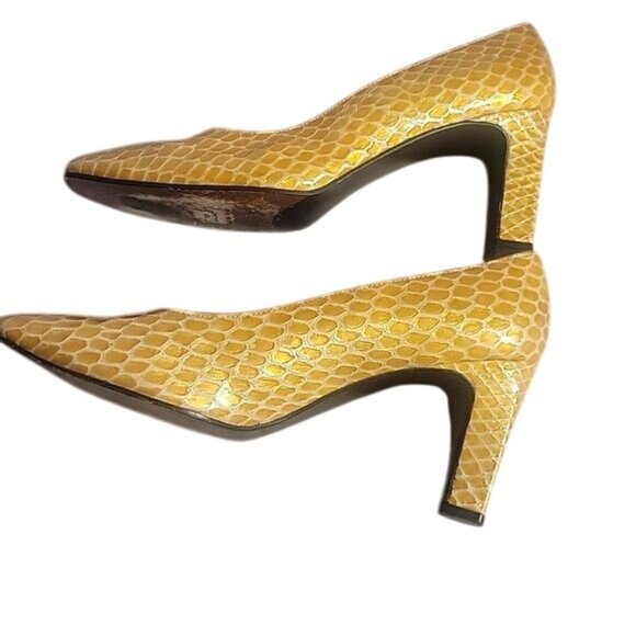 Stuart Weitzman Yellow Snakeskin Leather Block Heels Womens Shoes Made In Spain - Picture 3 of 7